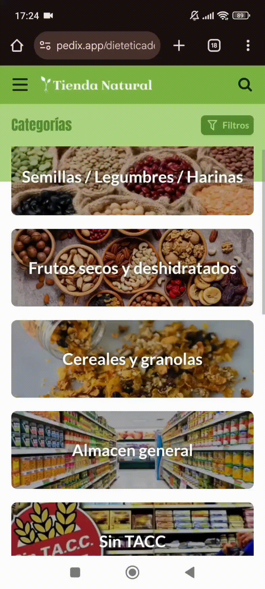 Demo de tienda Dietética y Tiendas Saludables en Pedix