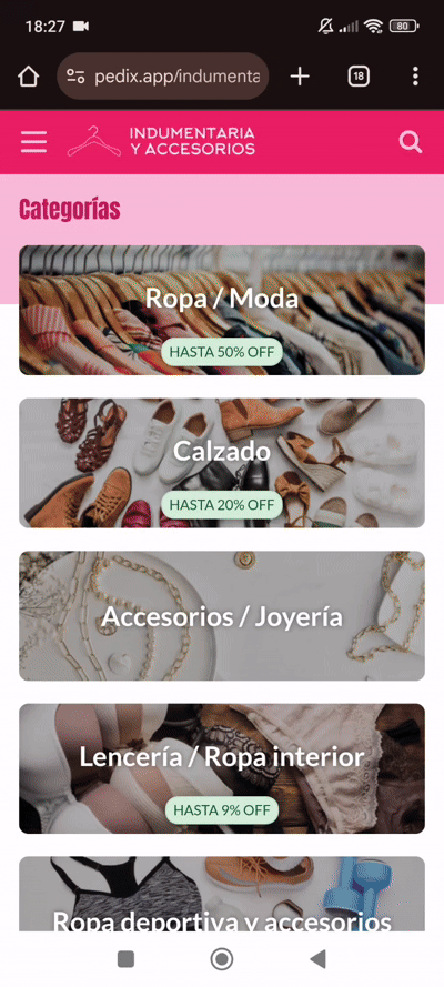 Demo de tienda Indumentaria en Pedix