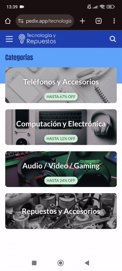 Demo de tienda Tecnología y Repuestos en Pedix